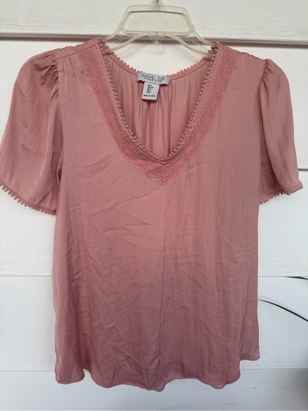 Rachel Zoe Mauve Lace-Trim Short Sleeve Blouse Women’s Size Small